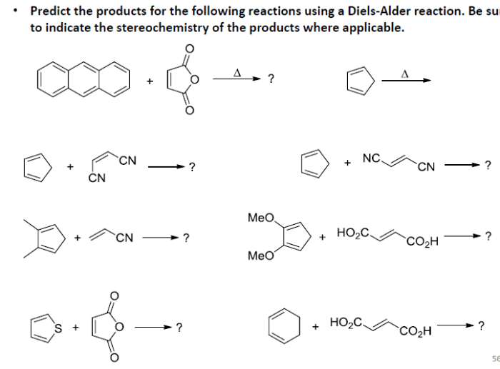 Predict the products of the following diels-alder reactions